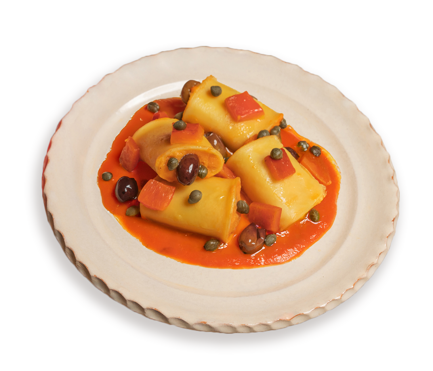 Paccheri ai peperoni rossi olive taggiasche e capperi